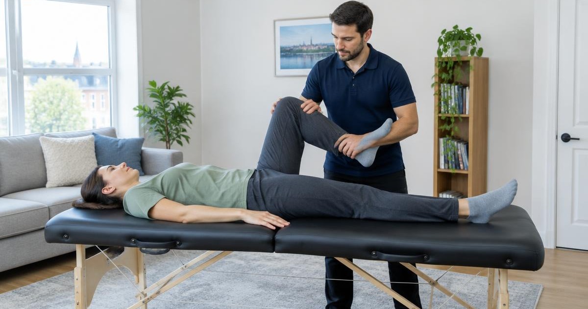 Une cliente entièrement habillée reçoit une mobilisation douce de la jambe sur une table de massage à domicile